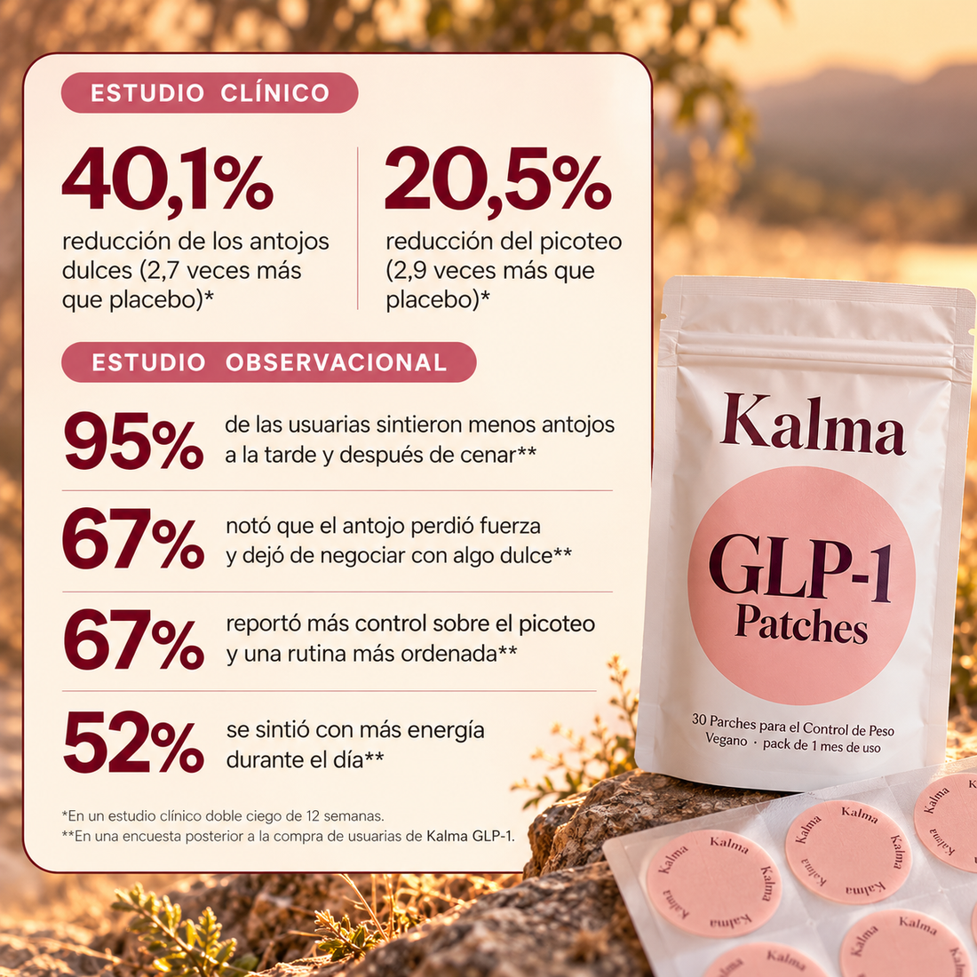 Kalma · Parches GLP-1 de apoyo para el control de la alimentación